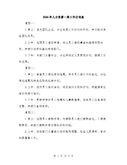 2024年人力资源一周工作计划表(二篇)