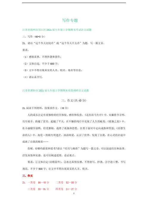 江苏省九年级上学期期末语文试卷分类汇编：写作专题