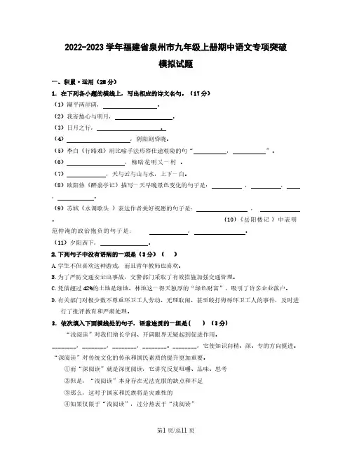2022-2023学年福建省泉州市九年级上册期中语文专项突破模拟试题(含解析)