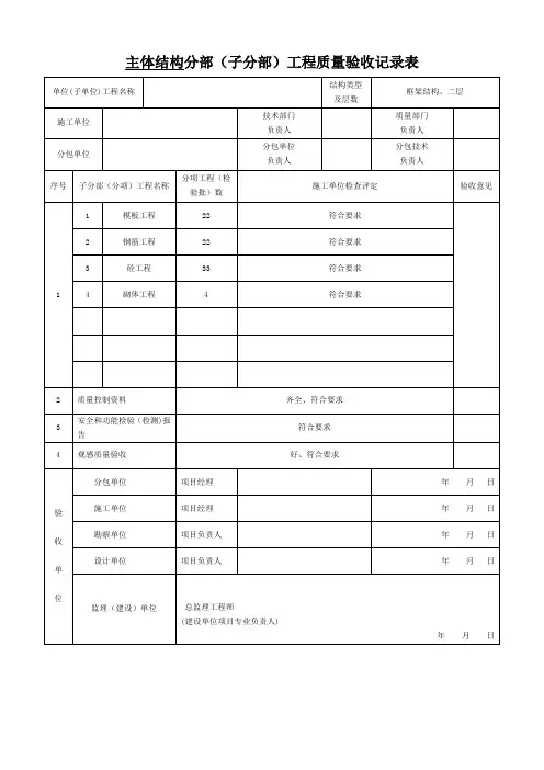 主体结构分部工程质量验收记录表