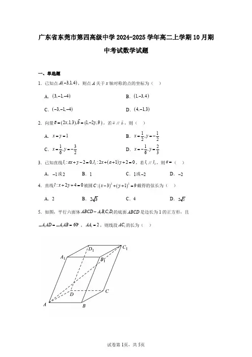 广东省东莞市第四高级中学2024-2025学年高二上学期10月期中考试数学试题