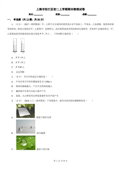 上海市松江区初二上学期期末物理试卷