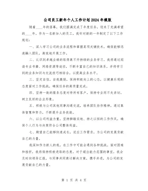 公司员工新年个人工作计划2024年模版（3篇）