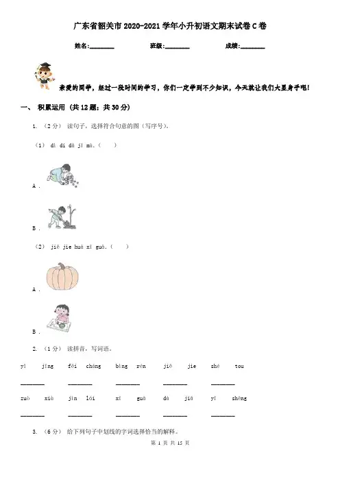 广东省韶关市2020-2021学年小升初语文期末试卷C卷