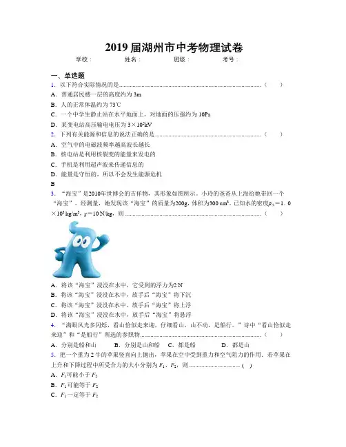 2019届湖州市中考物理试卷