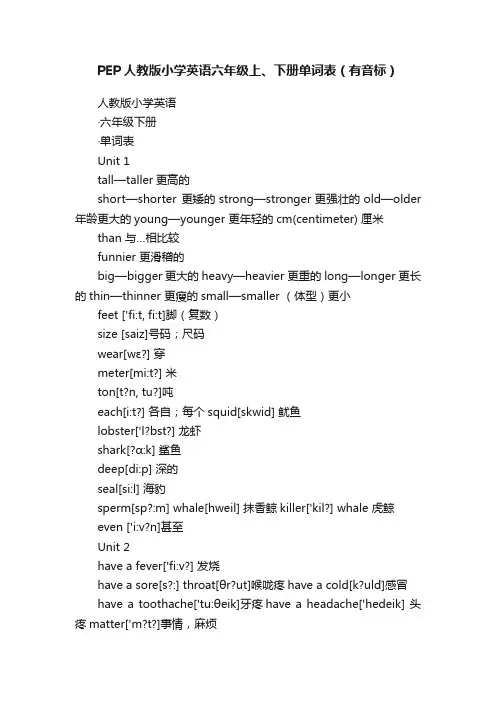 PEP人教版小学英语六年级上、下册单词表（有音标）