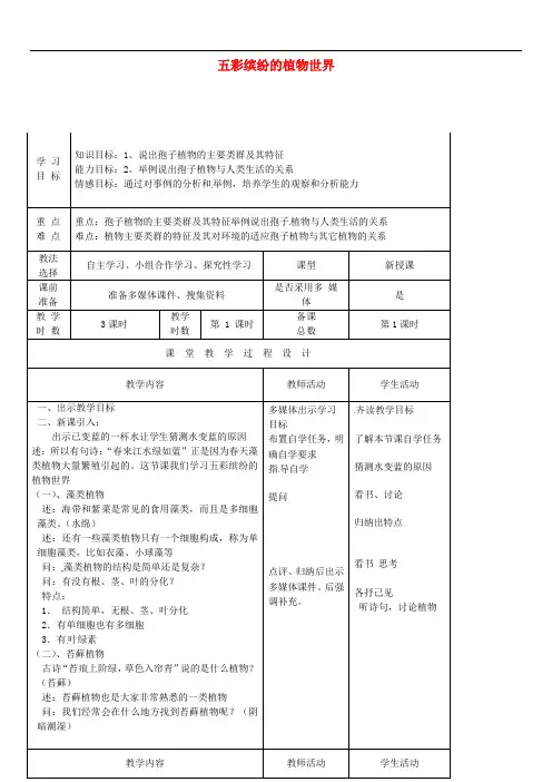 苏教初中生物八上《第5单元 第14章 第1节 五彩缤纷的植物世界》word教案 (3)