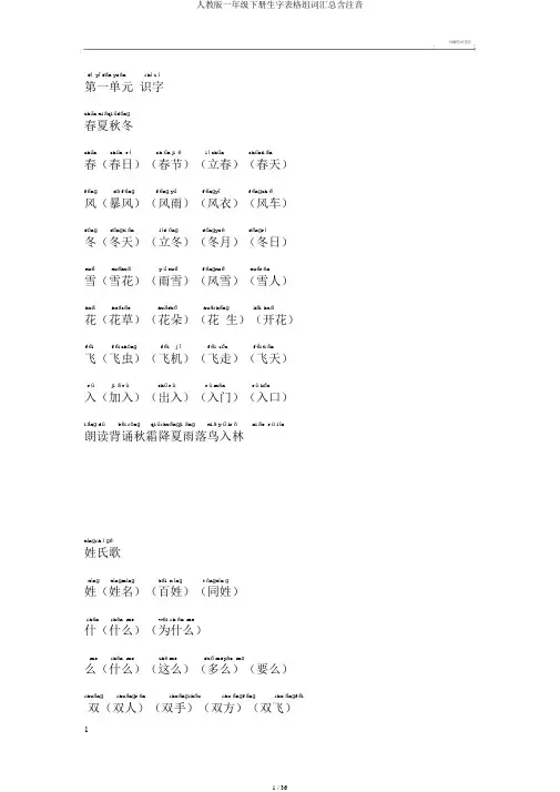 人教版一年级下册生字表格组词汇总含注音