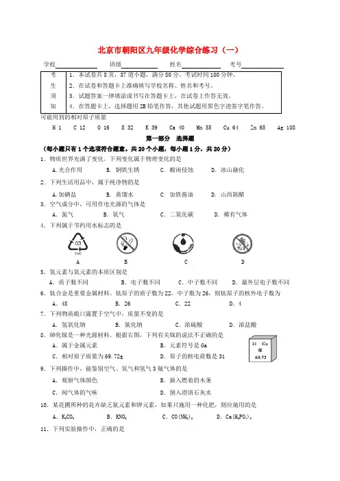 北京市朝阳区九年级化学5月综合练习试题(一) 新人教版