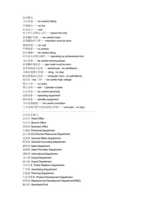 (安全生产)安全警示英文大全