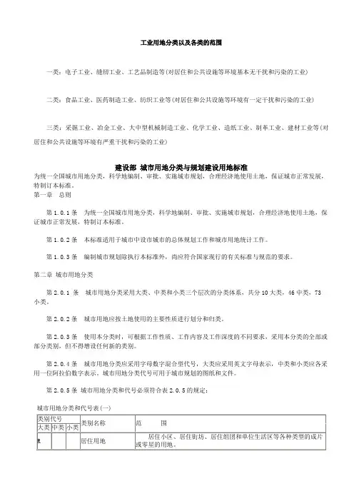 工业用地分类以及各类的范围
