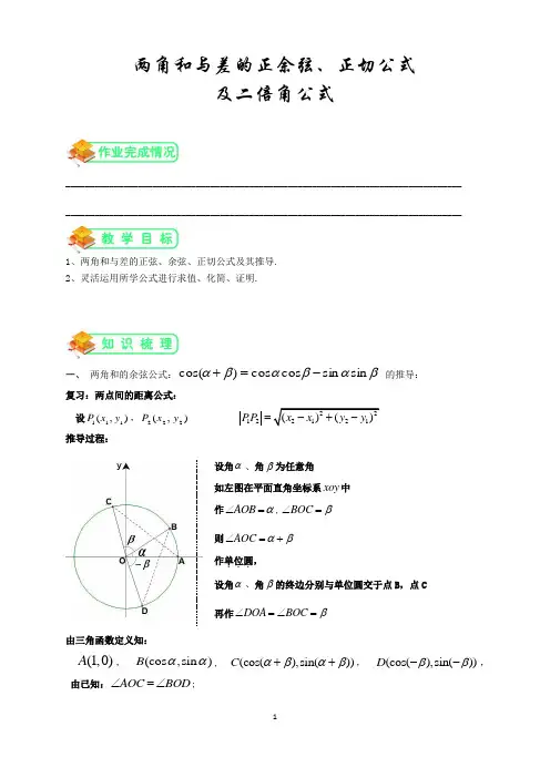 人教版高中数学必修四第三章三角恒等变换3.1两角和与差的正余弦及正切公式(教师版)【个性化辅导含答案】
