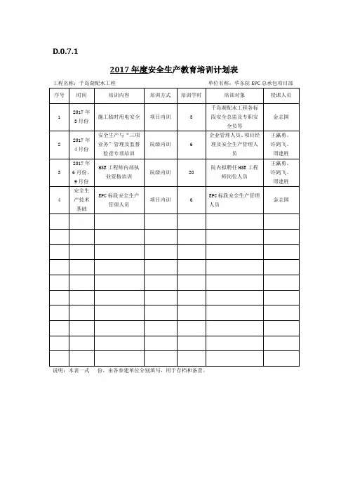2017年度安全生产教育培训计划表