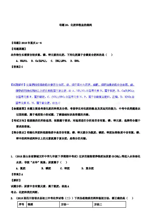 中考化学第一轮复习专题20化肥和粗盐的提纯(解析版)