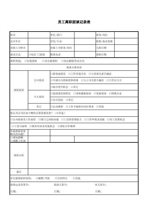 员工离职面谈记录表范本