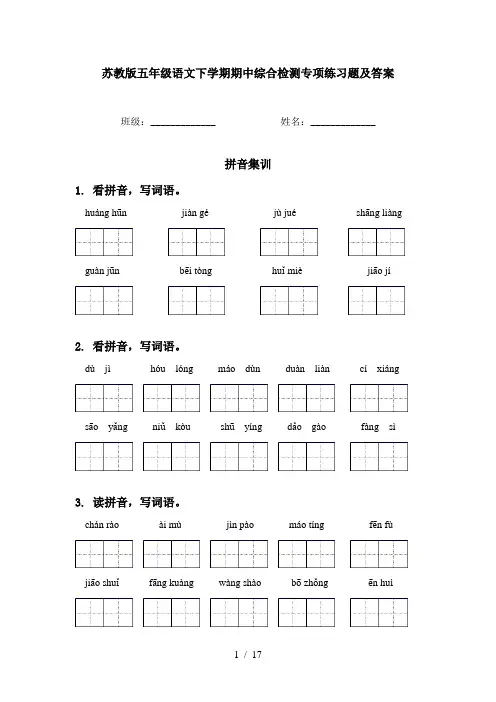 苏教版五年级语文下学期期中综合检测专项练习题及答案