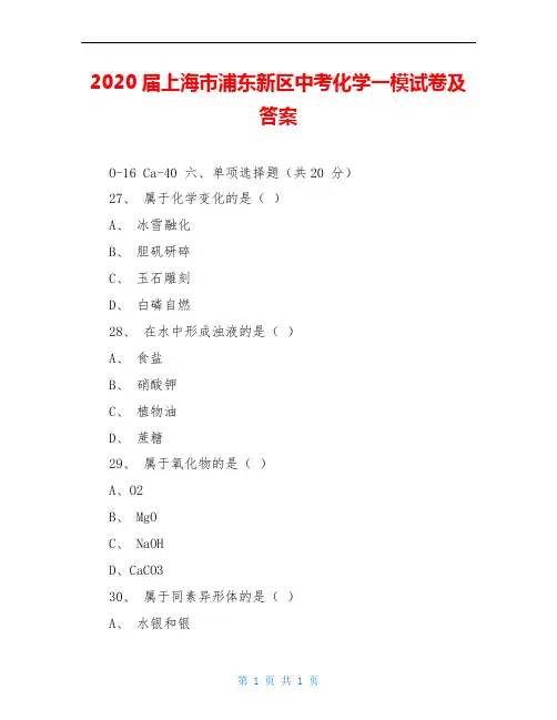 2020届上海市浦东新区中考化学一模试卷及答案