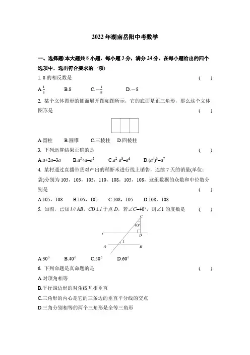 2022湖南岳阳中考数学试卷+答案解析