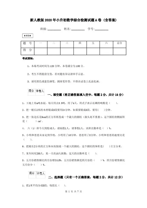 新人教版2020年小升初数学综合检测试题A卷 (含答案)