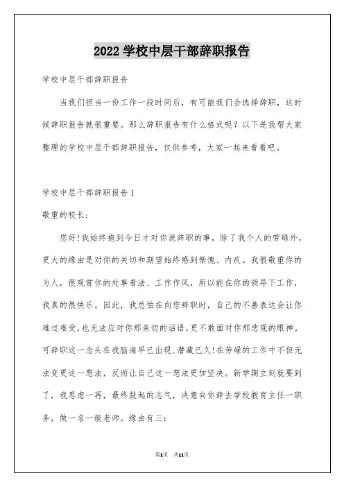 2022学校中层干部辞职报告