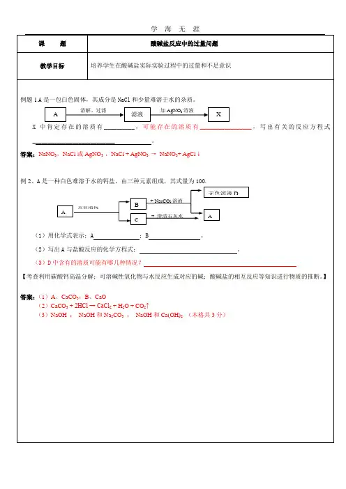 2015上海初三中考化学关于酸碱盐反应中的过量问题归纳(2020年整理).doc