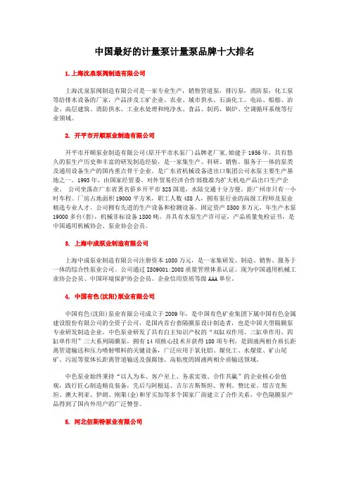 中国最好的计量泵计量泵品牌十大排名
