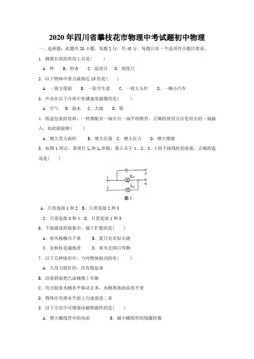 2020年四川省攀枝花市物理中考试题初中物理