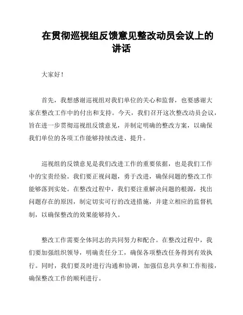 在贯彻巡视组反馈意见整改动员会议上的讲话