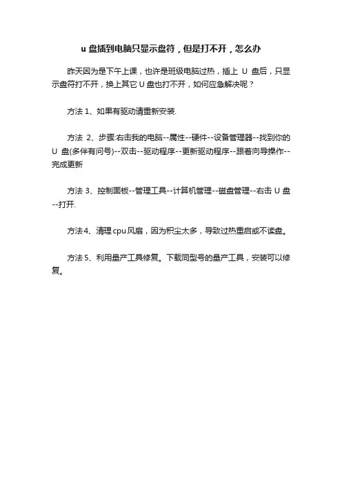 u盘插到电脑只显示盘符，但是打不开，怎么办