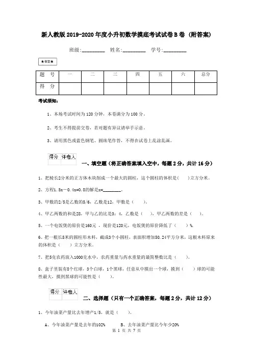 新人教版2019-2020年度小升初数学摸底考试试卷B卷 (附答案)