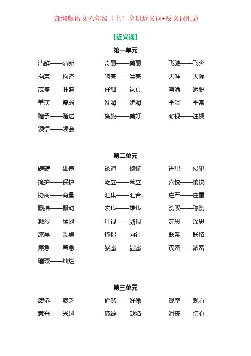 部编版语文六年级上册(全册)近义词与反义词-汇总