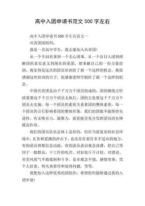 高中入团申请书范文500字左右