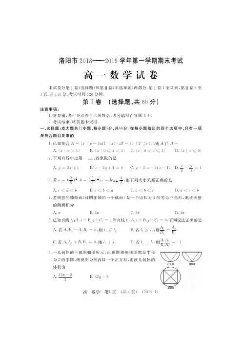 2018-2019学年洛阳市第一学期期末考试高一数学试卷及答案