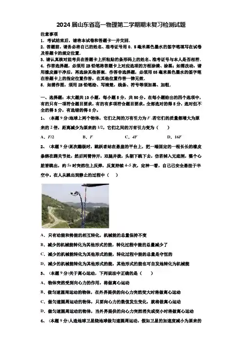 2024届山东省高一物理第二学期期末复习检测试题含解析