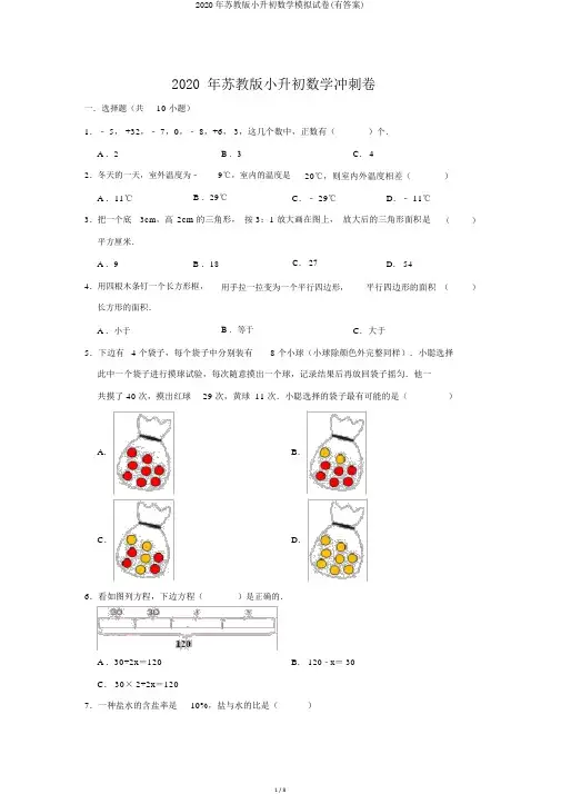 2020年苏教版小升初数学模拟试卷(有答案)
