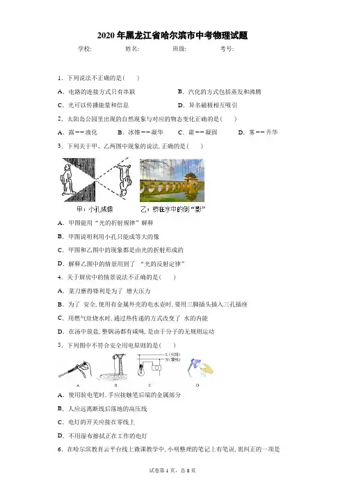 2020年黑龙江省哈尔滨市中考物理试卷及解析