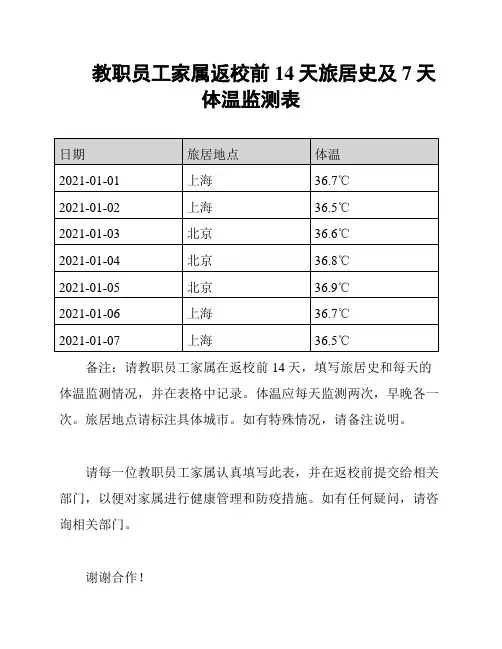 教职员工家属返校前14天旅居史及7天体温监测表