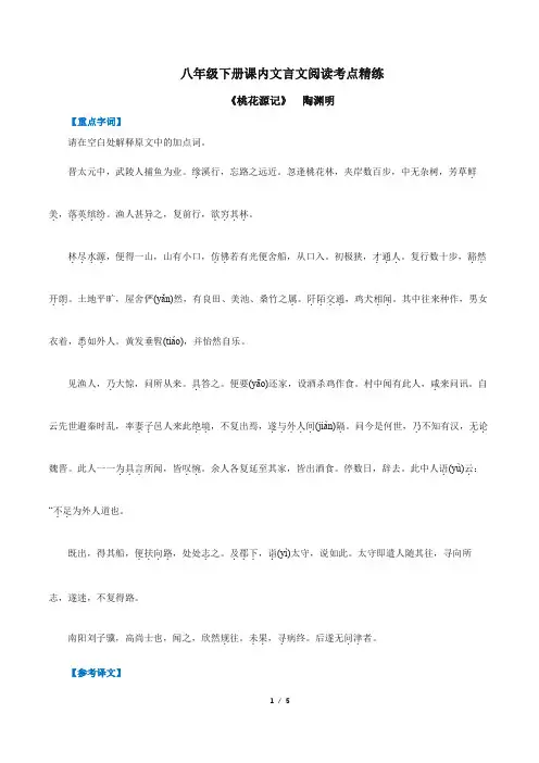 部编版语文八年级下册课内文言文《桃花源记》考点精练-含答案