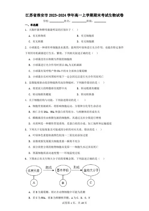 江苏省淮安市2023-2024学年高一上学期期末考试生物试卷(含解析)