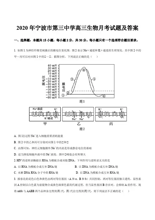 2020年宁波市第三中学高三生物月考试题及答案