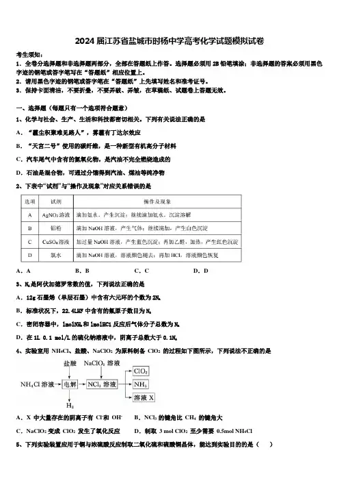 2024届江苏省盐城市时杨中学高考化学试题模拟试卷含解析