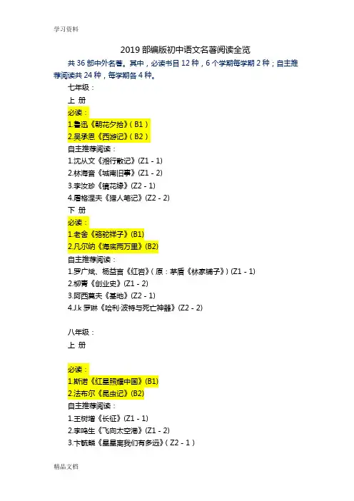 2019部编版初中语文名著阅读全览只是分享