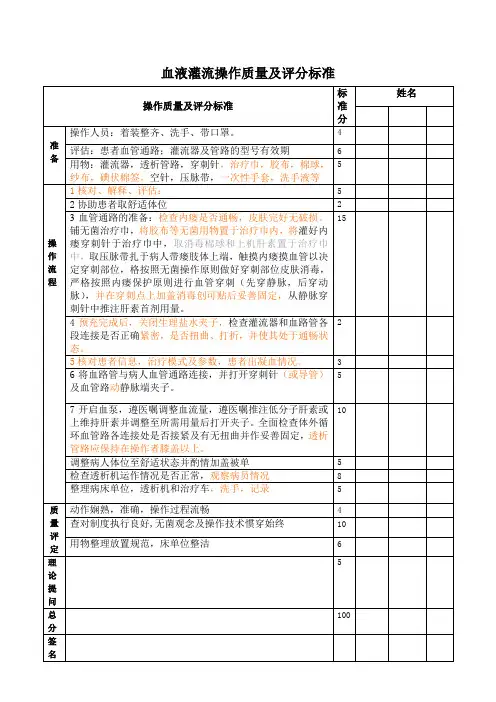 血液灌流操作质量及评分标准