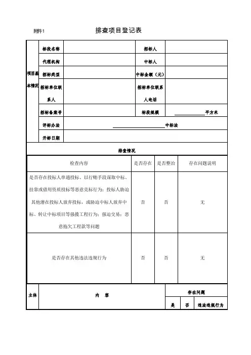招投标项目登记表及排查情况自查表