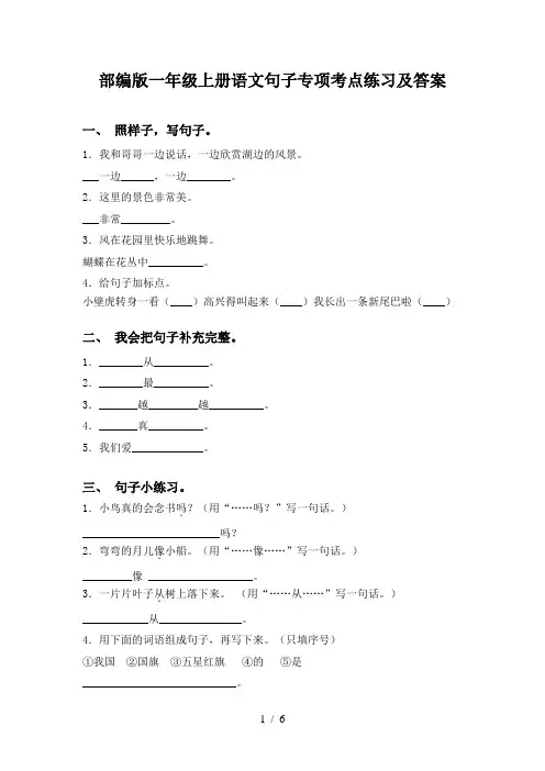 部编版一年级上册语文句子专项考点练习及答案