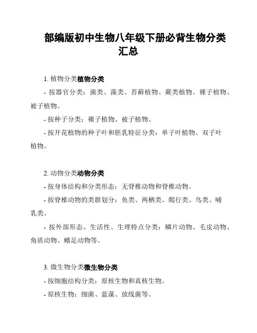 部编版初中生物八年级下册必背生物分类汇总