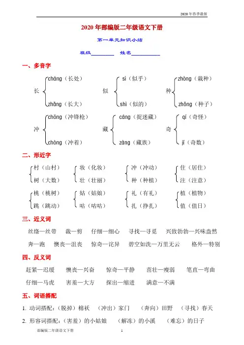 部编版二年级下册语文各单元重点综合复习(完美版打印版)
