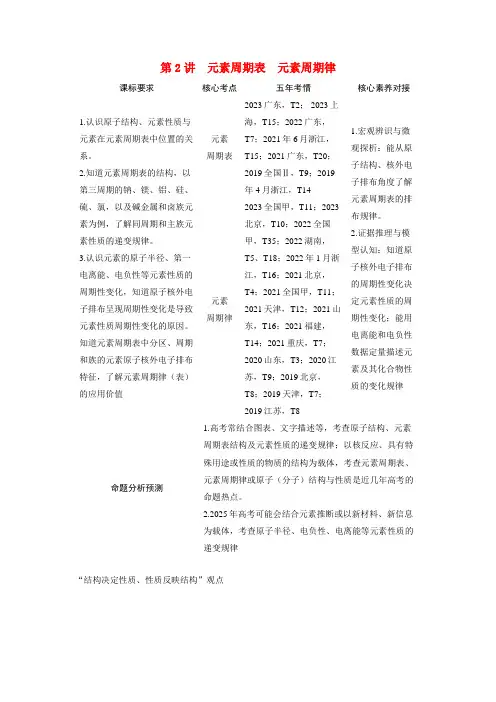 备考2024届高考化学一轮复习讲义第五章物质结构与性质元素周期律第2讲元素周期表元素周期律考点1元素