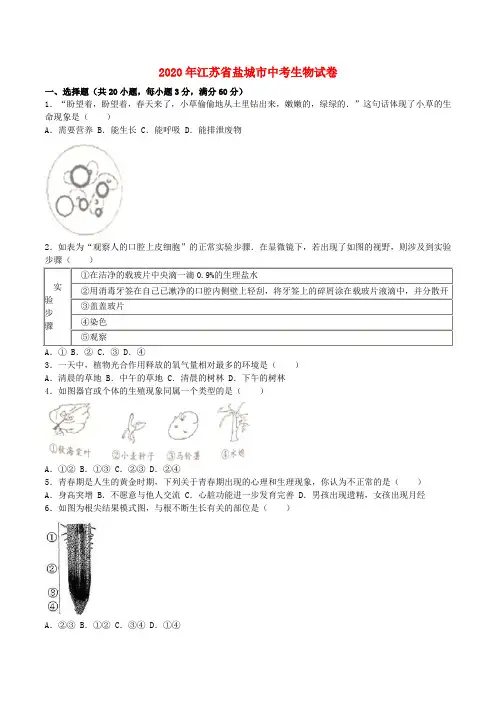 江苏省盐城市2020年中考生物真题试题(含解析)
