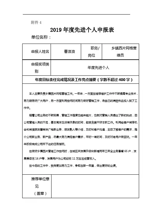 2019年度先进个人申报表